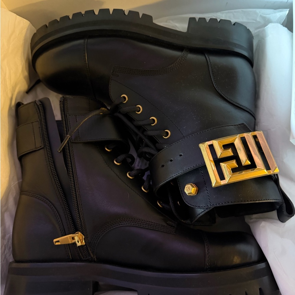 Balmain Black Charlie Combat Boots with Gold Accents - Picture 2 of 7